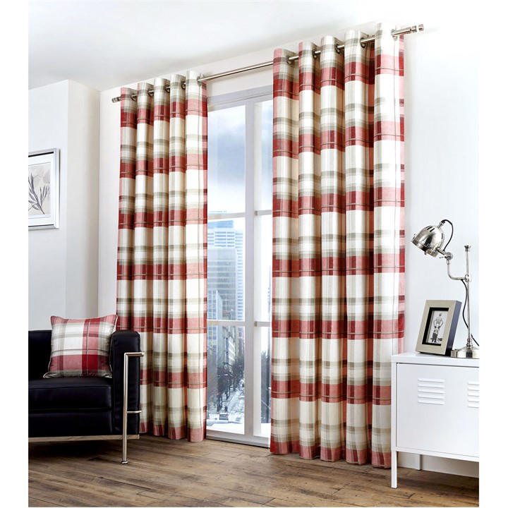 Fusion  Red Balmoral Check 100% Cotton Pair Of Eyelet Curtains, Sports Direct