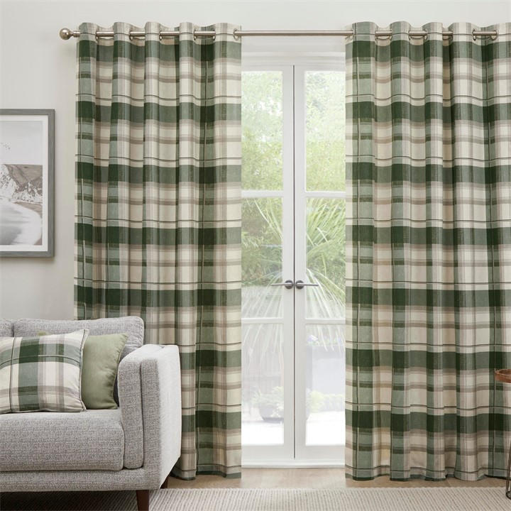 Fusion  Green Balmoral Check 100% Cotton Pair Of Eyelet Curtains, Sports Direct
