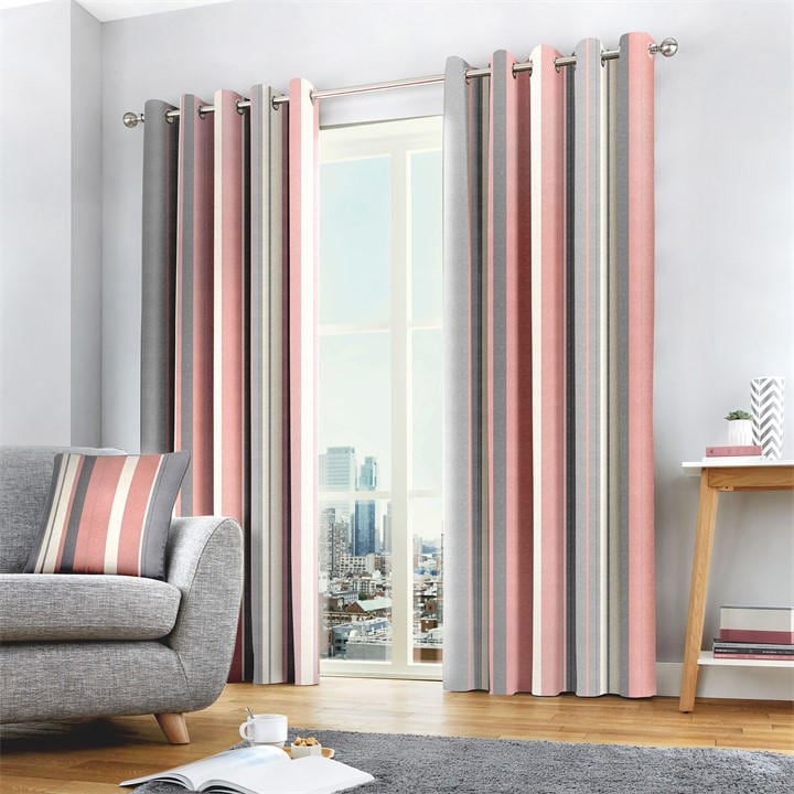 Fusion Unisex Pink Whitworth Stripe Cotton Eyelet Curtains 90X90 Inch