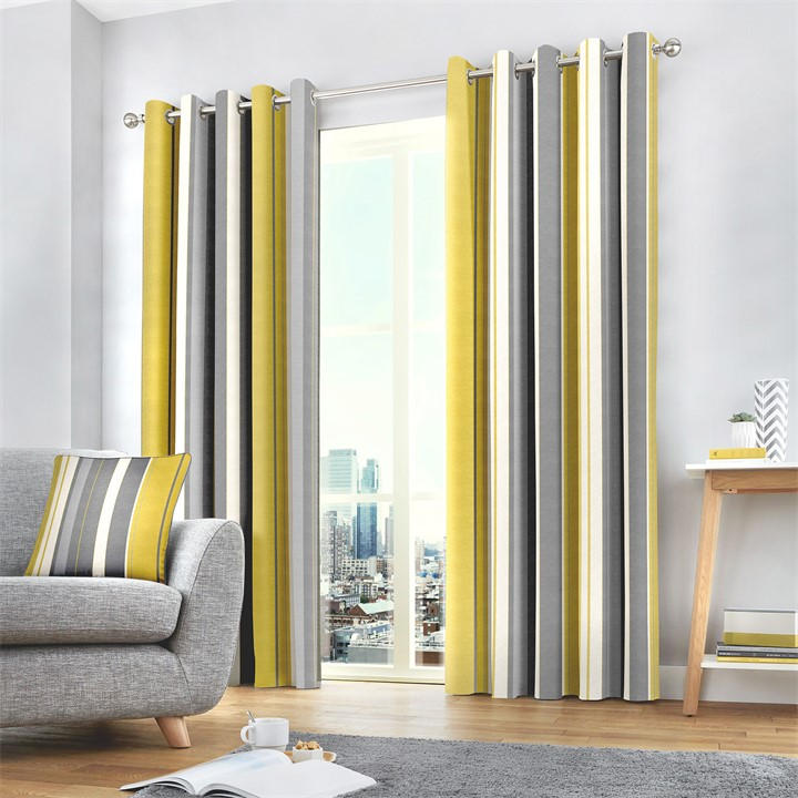 Fusion Unisex Yellow Whitworth Stripe Cotton Eyelet Curtains 90X90 Inch