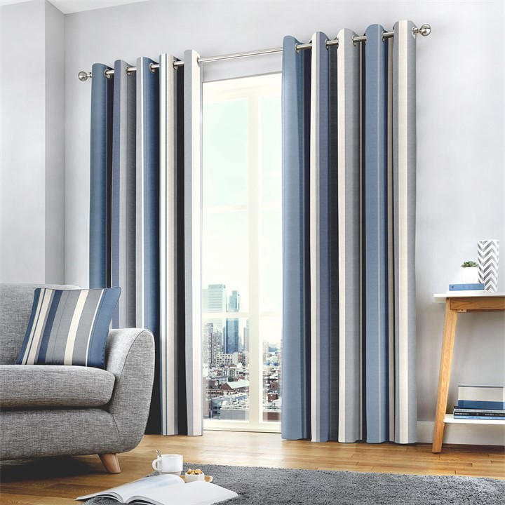 Fusion Unisex Blue Whitworth Stripe Cotton Eyelet Curtains 90X90 Inch