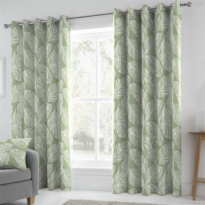 Fusion  Green Matteo 100% Cotton Pair Of Eyelet Curtains, Sports Direct