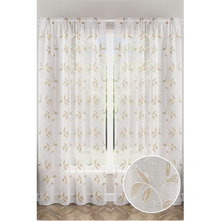 Tyrone Textiles  Beige Oasis Embroidered Leaf Design Voile Panels - Pair in Size 140x137cm, Sports Direct