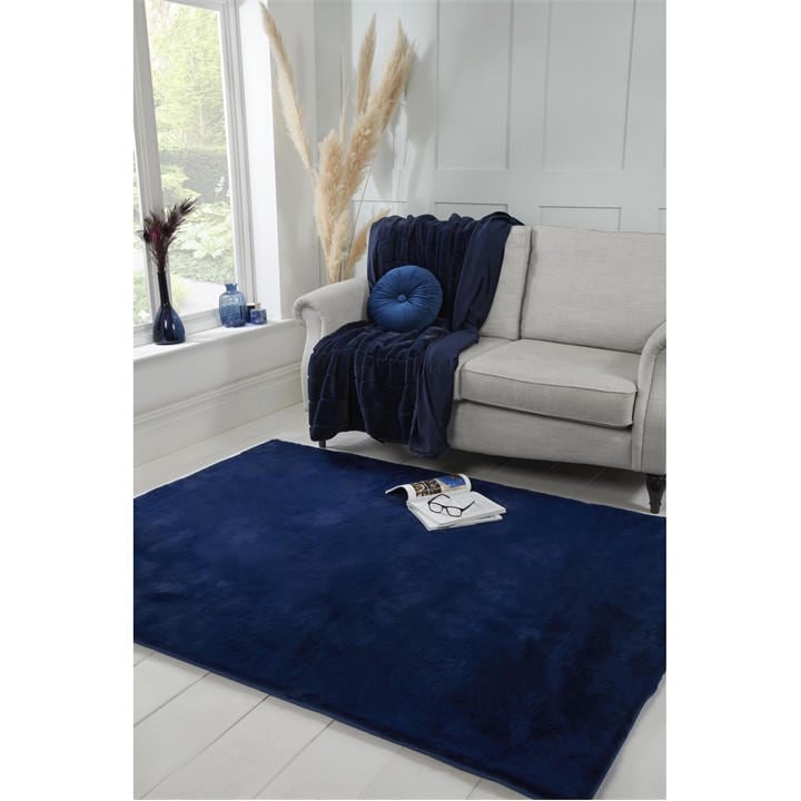 Hmc Home  Blue Luxe Faux Fur Rug Plain Navy in Size 150x200cm, Sports Direct