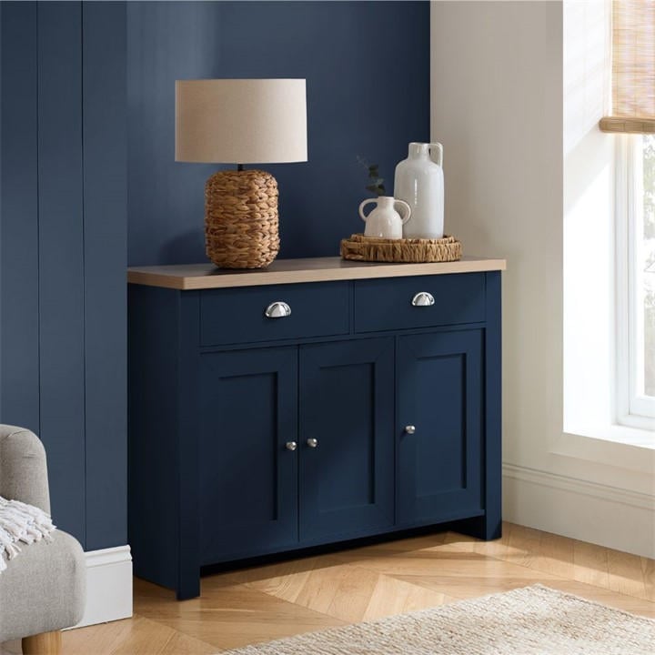 Birlea  Navy Blue & Oak Highgate 3 Door 2 Drawer Sideboard, Sports Direct