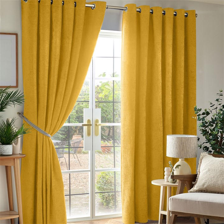 Alan Symonds  Yellow Chenille Blackout Ring Top Eyelet Curtains in Size 46x54 Inch, Sports Direct