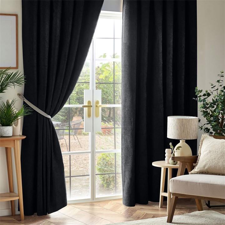 Alan Symonds  Black Chenille Out Pencil Pleat Top Curtains in Size 45x54, Sports Direct