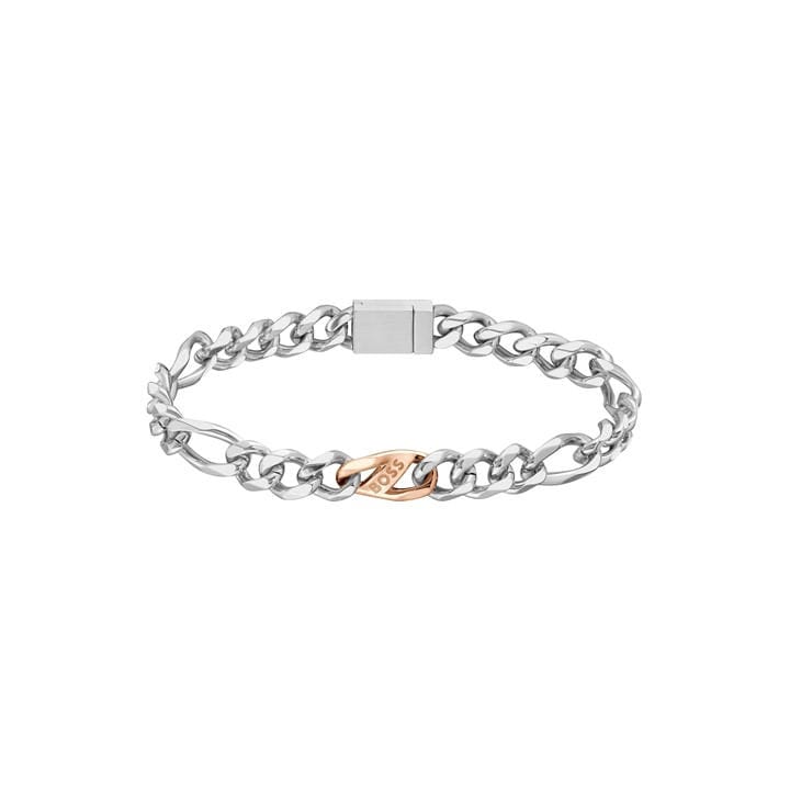 Boss Men's Silver Rian Stainless Steel Figaro Magnetic Chain Bracelet, Sports Direct