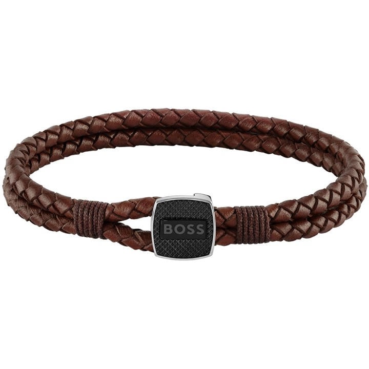 Boss Men's Brown Seal Braided 3Mm Leather Bracelet, Sports Direct