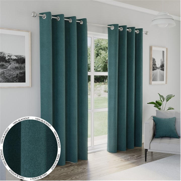 Enhanced Living  Blue Austin 100% Blackout Linen Look Eyelet Curtains in Size 46x54 Inch, Sports Direct