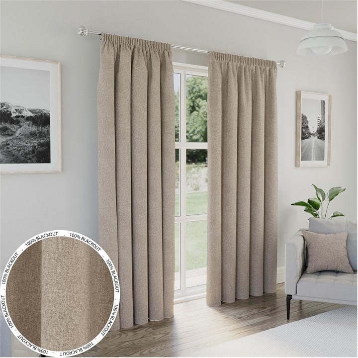 Enhanced Living  Beige Dallas 100% Blackout Textured Readymade Curtains in Size 46x54 Inch, Sports Direct