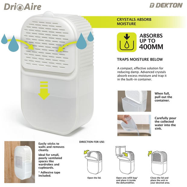 White - Dri Aire - Premium Wall Mounted Easy Stick Moisture Absorber Dehumidifier