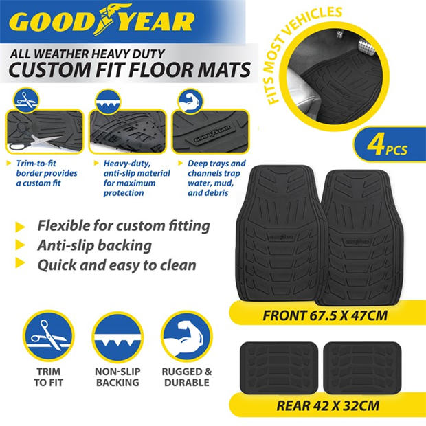 Black - Goodyear - Goodyear 4 Piece Heavy Duty Rubber Car Mats
