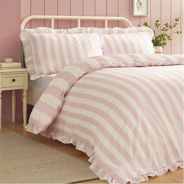 Pink - Catherine Lansfield - Seersucker Frill Stripe Duvet Cover Set