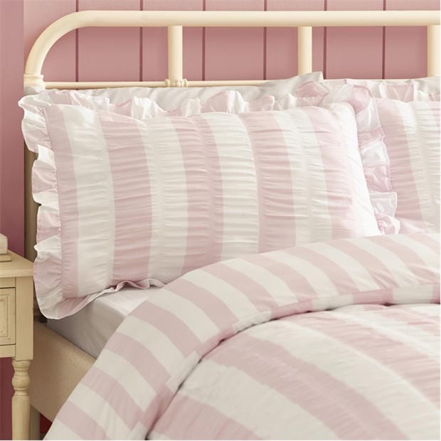 Pink - Catherine Lansfield - Seersucker Frill Stripe Duvet Cover Set