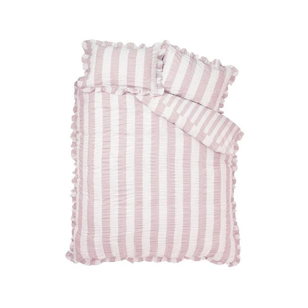 Pink - Catherine Lansfield - Seersucker Frill Stripe Duvet Cover Set