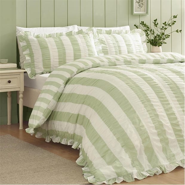Green - Catherine Lansfield - Seersucker Frill Stripe Duvet Cover Set