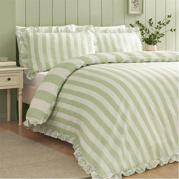 Green - Catherine Lansfield - Seersucker Frill Stripe Duvet Cover Set