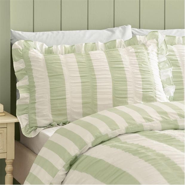 Green - Catherine Lansfield - Seersucker Frill Stripe Duvet Cover Set