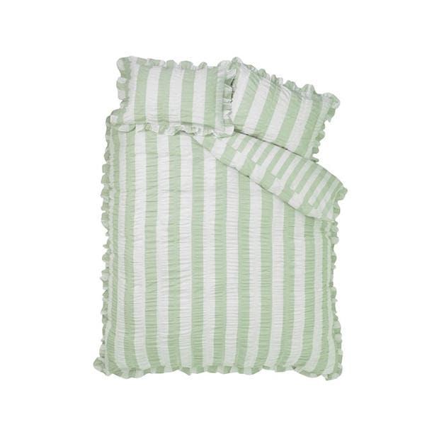 Green - Catherine Lansfield - Seersucker Frill Stripe Duvet Cover Set