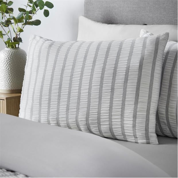 Grey - Catherine Lansfield - Soft Seersucker Stripe Duvet Cover Set