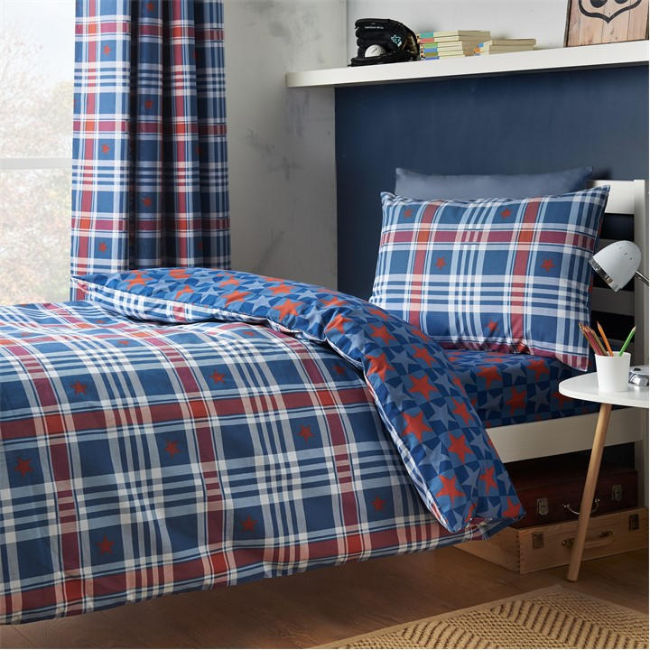 Cat Blue Catherine Lansfield Stars And Check Duvet Cover Set - Image 2