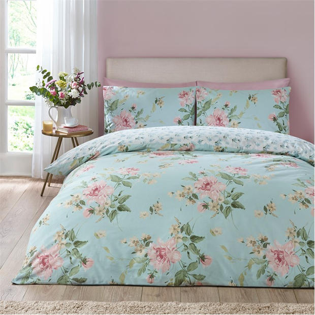 Duck Egg - Catherine Lansfield - Avebury Floral Duvet Cover Set