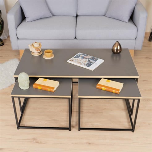 FurnitureR - RICKY Black and Wooden Coffee Table Set of 3