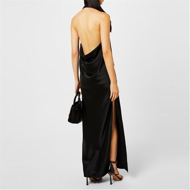 Fekete - OFF WHITE - Women's Belted Satin Halter Neck Evening Maxi Dress