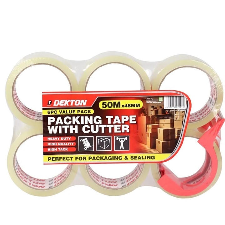 Dekton  Clear 6 Piece Packing Tape With Cutter 50M X 48Mm Sticky, Sports Direct
